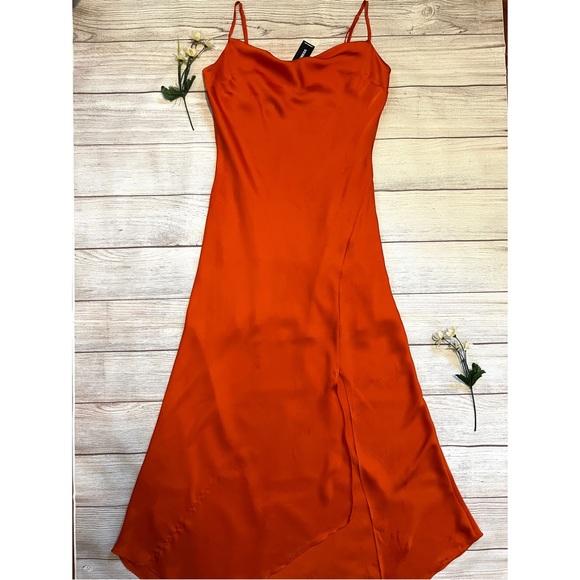 EXPRESS Satin Cowl Neck Asymmetrical Hem Maxi Slip Dress - Picture 16 of 16